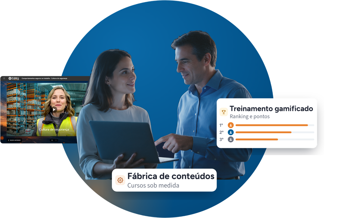 Duas pessoas conversando diante de um notebook. Ao lado, a tela de um curso em vídeo sobre cultura de segurança produzido pela Clarity, um selo de fábrica de conteúdos com cursos sob medida e um painel de treinamento gamificado com ranking e pontos.